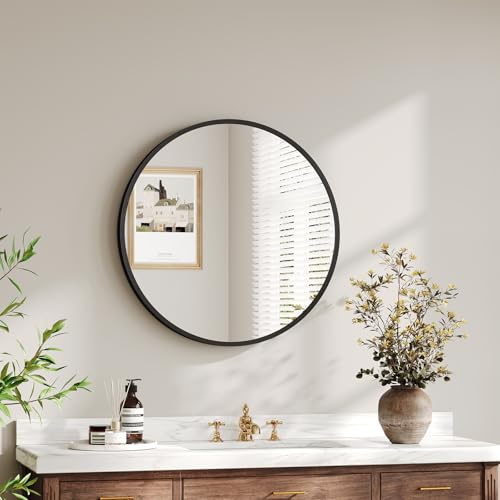 Dripex 40cm Round Mirror, Circle Hanging Wall Mirror - Home Decorative Wall Mounted Vanity Mirror for Bathroom, Dressing Room & Living Room, Black