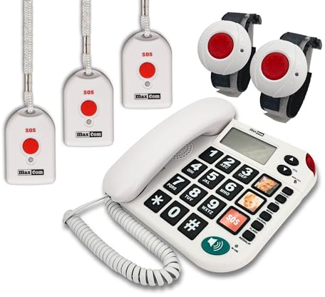 G-TELWARE MAXCOM KXT481SOS 2023-2024er Modell Haus Notruf Seniorentelefon mit Funk-SOS-Sender, Festnetztelefon - 2 Armbandsender + 3 Handsender mit Schlaufe, Carbonschwarz, Standard