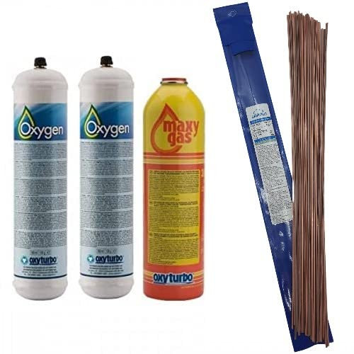 GASFRIGO - N° 2 bombole ossigeno per saldatura 930 ml. 110 bar M12x1 + 1 bombola maxy gas 350 g. 7/16 + bacchette per saldatura lega rame fosforo confezione da 1 kg