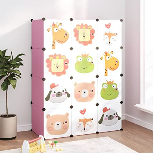 Tidyard Kinderschuhregal, Modular Aufbewahrungsschrank, Kunststoffplatten, Kleiderschrank mit 12 Würfeln Rosa PP