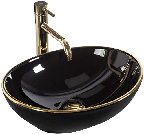 Rea Lavabo da Appoggio Sofia Nero Bordo Oro Lavandino bagno 410 x 345 x 150 mm Ceramica (Oro/Nero)