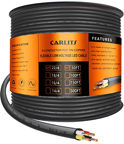 CARLITS 22 Gauge 4 Adriges Elektrokabel, 15.24M 4x0,32mm² Schwarzes, Verseiltes Niederspannungs 22/4 Kabel aus PVC, Flexibles Verlängerungskabel für LED Lampe
