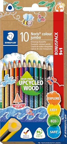STAEDTLER, Buntstifte Noris colour jumbo Promotion, ergonomische Dreikantform, bruchsichere und weiche Mine, Made from Upcycled Wood, intensiver Farbabstrich, 10 Buntstifte im Kartonetui, 188 C10P