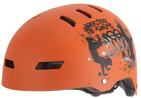 Kinder Fahrradhelm AERO – Fahrrad Halbschalenhelm für Kinder, ABS-Schale, robuster Kinderhelm für Radfahren, Skateboarden und Reiten, Orange matt mit Print, Größe L, 54 – 62 cm
