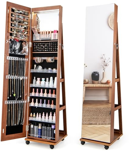COSTWAY 3 en 1 Armoire à Bijoux sur Roulettes, Organisateur de Bijoux sur Pieds avec Miroir Psyché sans Cadre, Lumières LED et Miroir de Maquillage Intégré, Verrouillable, Étagères Réglables, Marron