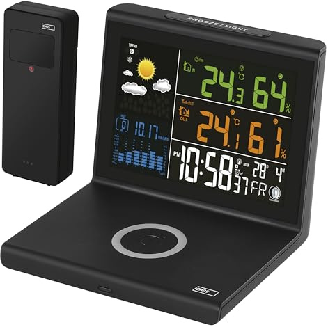 EMOS Funk Wetterstation mit kabellosem Qi-Ladegerät, VA-Farbdisplay, Netzteil und Außensensor, Funktionen: Thermometer, Hygrometer, Wettervorhersage, DCF Uhranzeige, Wecker
