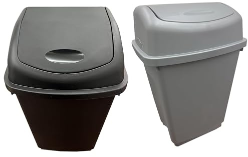 Pluto Packaging Home Kitchen Office Plastic Black Or Silver Bin | Rubbish Waste Trash Bin With Swing Lid