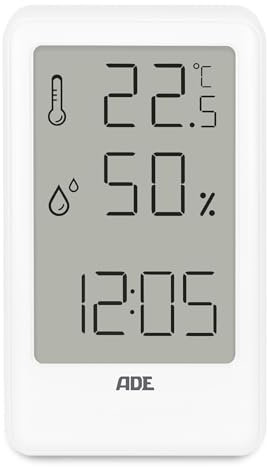 ADE Thermometer mit Luftfeuchtigkeitsmesser innen | digitale Badezimmeruhr mit Temperatur | Feuchtigkeitsmessgerät mit Uhrzeit | Hygrometer für Büro, Kinderzimmer, Schlafzimmer, Bad | Hochformat weiß