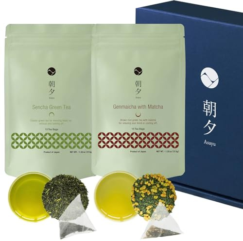 Asayu Japan Green Tea Gift Set, Sencha & Genmaicha with Matcha, 30 Tea Bags, Roasted Rice & Premium Japanese Green Tea, 100% Made in Japan (Sencha & Genmaicha)