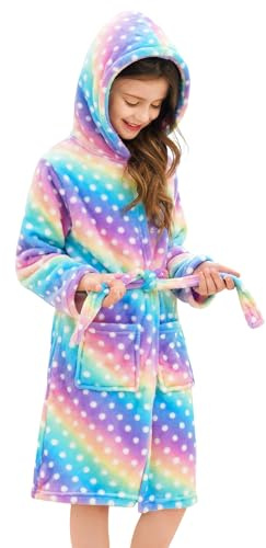 Piefry Peignoir à Capuche Doux pour Filles Molleton Robe de Chambre Vêtements de nuit Enfants (Points Arc-en-ciel, 12-13 ans)