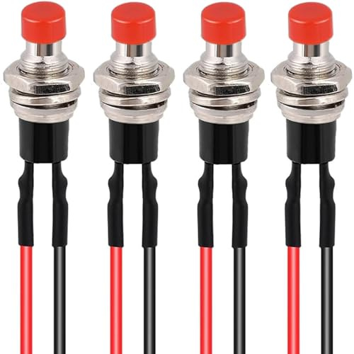 RUNCCI-YUN 4pcs pulsador mini 12v,7mm redondo pulsador Autoblocante, Cableado 12V ON/Off para Trompeta de Coche,Timbre de Casa（rojo)