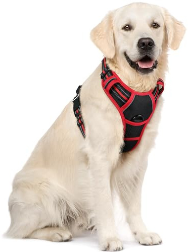 rabbitgoo Harnais Chien Anti Traction, Arnet pour Chiens avec Poignée Contrôl, Facile à Mettre, Gilet Réfléchissant Réglable avec Attache Devant, Harnais pour Chien Grand, Noir et Rouge, XL