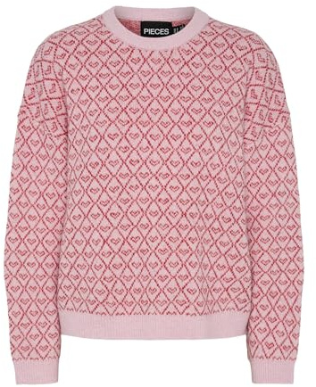 PIECES dam Pcnavi Ls O-hals stickad mm tröja, Roseate Spoonbill/Aop: lollipop hjärtan, S