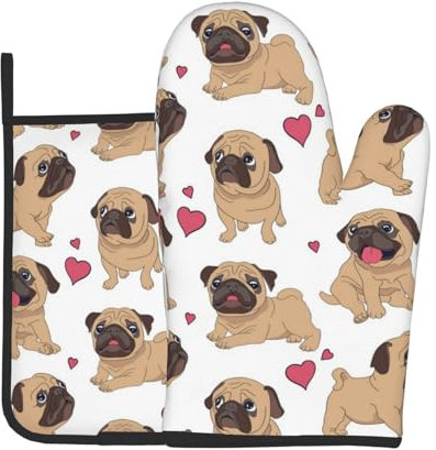 Cuccioli di carlini divertenti cartoni animati, guanti da forno e presine, guanti da cucina, guanti da forno resistenti al calore