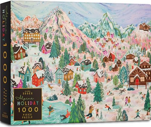 Elena Essex Weihnachtspuzzle 1000 Teile - Alpine Holiday/Puzzle 1000 Teile/Alpin Urlaub/Schneebedeckter Berg Winter Skiurlaub Familie Puzzle Weihnachten/Puzzlegröße 70 x 50 cm