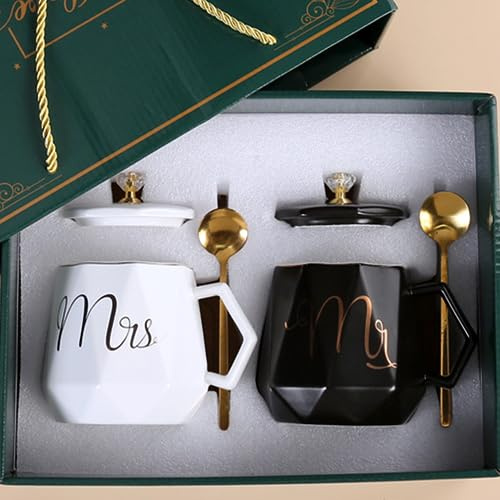 Disoza Mr & Mrs Tazas - Tazas de café para San Valentín y boda, color blanco y negro