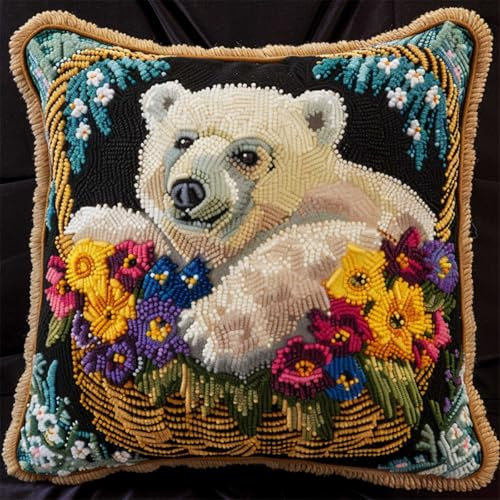 RKFLGEW DIY knüpfen set erwachsene Eisbär und Blumen knüpfkissen set Cartoon-Tiere DIY Knüpfkissen-Set，Anfänger，Erwachsene，Teenager，Geschenk，Stickerei，Heimdekoration，Knüpfhaken-Set 43x43cm