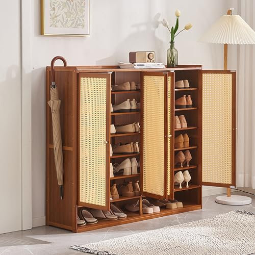 Pounjsd Rattan-Schuhschrank, 8 Etagen Schuhaufbewahrung, Holzschuhe, Schmaler Schuhregal-Organizer, Schuhkipper für Eingangsbereich, Flur, Schlafzimmer