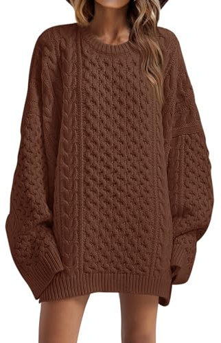Saodimallsu Womens Oversized Sweaters Chunky Cable Knit Crewneck Long Sleeve Loose Tunic Mini Sweater Dresses Brown