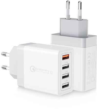 Lot de 2 Chargeur USB, 33W Prise USB Multiple 4 Ports Prise Chargeur Rapide Multiprise Adaptateur Secteur pour iPhone 14 13 12 11 Pro Max X XS XR 8 7, iPad, Samsung Galaxy A55 A34 A20 A14 S20 S9