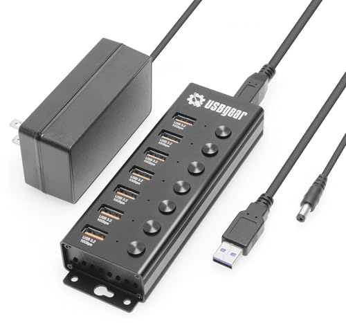 USBGear Hub USB de 7 Puertos 3.2 Gen 2 - Hub de Carga de 10 Gbps con Puertos USB Individuales de Encendido/Apagado para Laptop, PC, Escritorio, Adaptador de Corriente de 12 V/4 A con Cable Tipo A a