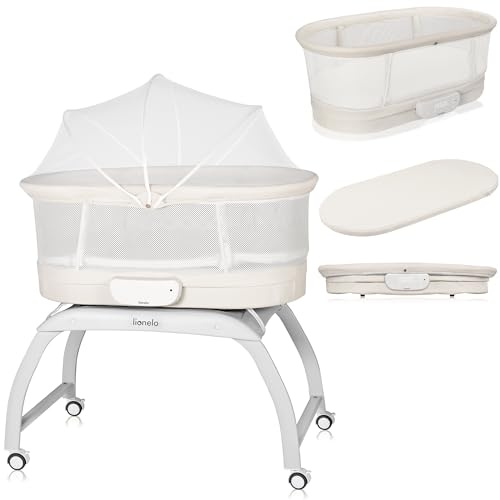 Lionelo Coral 3-i-1 barnsäng upp till 9 kg, vagga, babyvåg, 5 gunghastigheter, 12 melodier, 4 rullar, ergonomisk madrass, timer, fjärrkontroll, myggnät
