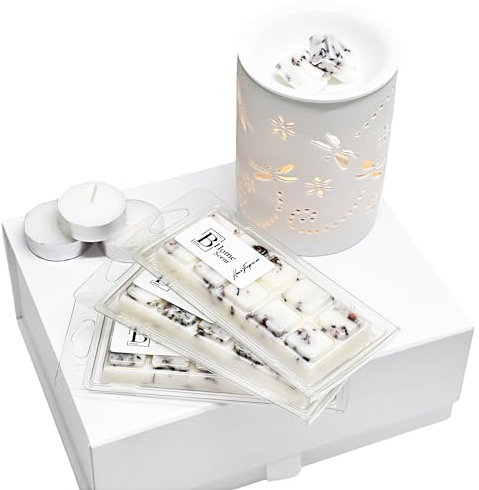 bhomescent Luxury Wax Melt Gift Set – 3 Premium Snap Bar Wax Melts, Elegant Burner & Tea Candles in Natural Gift Box for Women