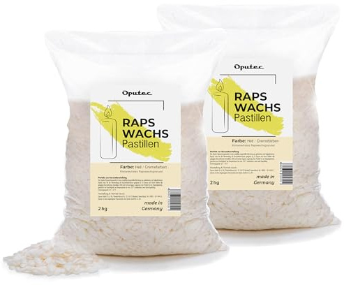 Oputec 4 KG Kerzenwachs-Pastillen – Kerzenwachs zum Gießen aus Raps – cremefarbenes Wachs für Kerzen selber machen & nachfüllen – eigene Kerzen aus natürlichem Rapswachs-Pastillen – Made in Germany