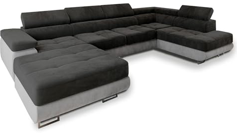 Masseno Ecksofa CASONE R-S mit Schlaffunktion U-Form, Sofa mit Bettkasten, Wohnzimmersofa, Couch, Soffa, Bettsofa, Couchgarnitur- Schwarz, Monolith 95 + Monolith 84
