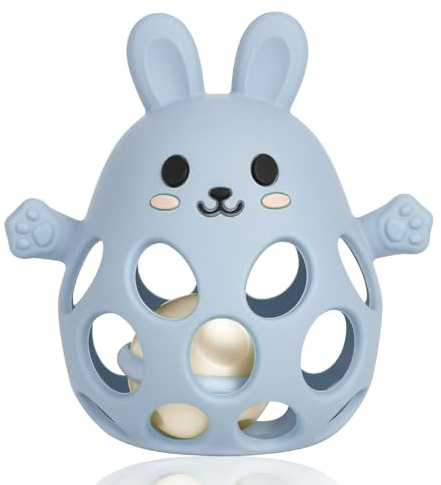 Aruigu Sonajero de conejo – Bola de agarre para bebés, juguete Montessori para bebé, sin BPA, ayuda para dentición bebé, un fiel compañero para bebés y niños pequeños a partir de 0 meses (azul)