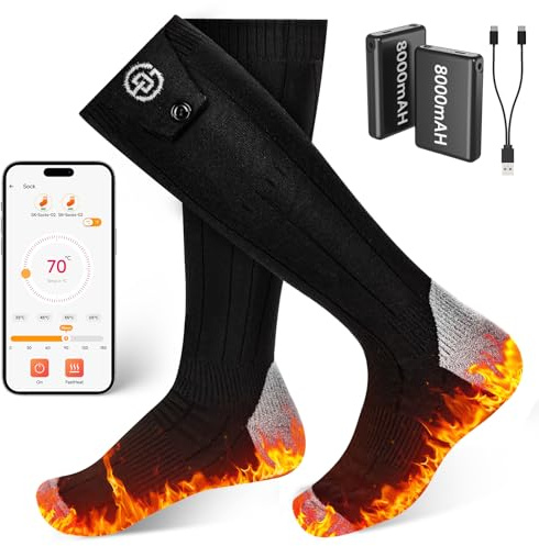 Beheizbare Socken mit APP-Steuerung 5V 8000mAh Fußwärmer Warme Socken Damen Herren Waschbare 4 Temperatur Wiederaufladbare Heizsocken für Winter Skifahren, Radfahren, Angeln, Camping, Wandern