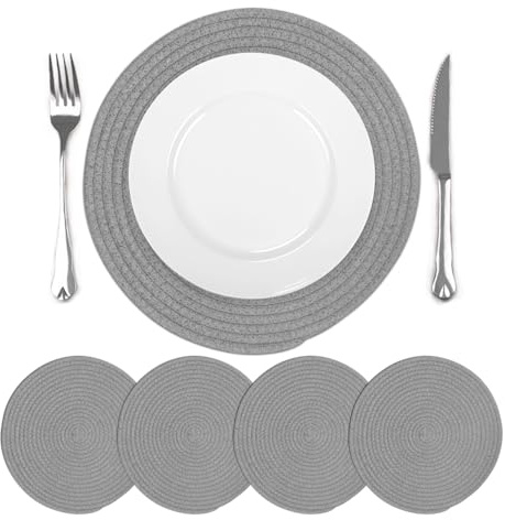 comfoyar Set di 4 Tovagliette Americane Grigio Rotondo Intrecciato, Antiscivolo in Cotone Tovagliette Americane lavabili e Resistente al Calore per Cucina Decorazione, Tavola di Feste 33x33cm