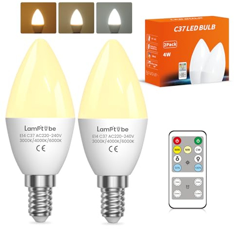 Bombilla LED con Mando a Distancia E14 - Dimmable,3 Temperaturas de Color (Cálido/Frío/Cálido Luminoso),Función Temporizador & Memoria,4W (Equivalente 30-40W) C37 para Lámpara de Noche & Luz Nocturna