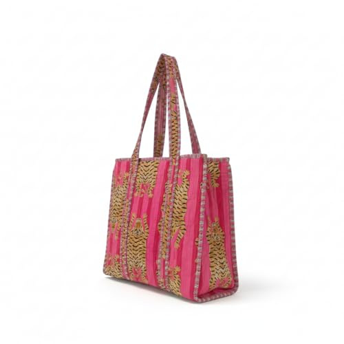 Handmade Quilted Cotton Tote Bag for Women, Pink Tiger Print Kantha Shopper, Large Reusable Shoulder Bag, Boho Beach Shopping Tote, Eco Friendly Cotton Handbag