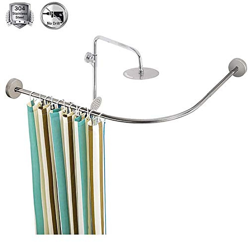 Exble - Asta per tenda da doccia in acciaio inox, senza trapano, ad angolo, a forma di L, con tenda impermeabile HSGAV regolabile 70 95 cm x 70 95 cm per una facile installazione