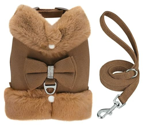 ZBDP Ensemble harnais et laisse en fourrure chaude pour chien avec nœud en strass et gilet pour petits chiens