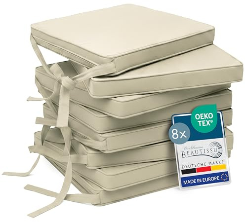 Beautissu cojín de Silla Antideslizante Juego de 8 con Correas de fijación | 45x40cm Beige de asiento para sillas almohadilla de tapicería cojines acolchado cocina exterior Loft SK
