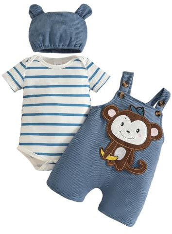 JENJON Vestiti Set per Neonati Maschi Maglietta a Righe a Maniche Corte + Pantaloni con Bretelle di Animale + Cappello 3 Pezzi Estivo Set di Abiti 0-18 Mesi