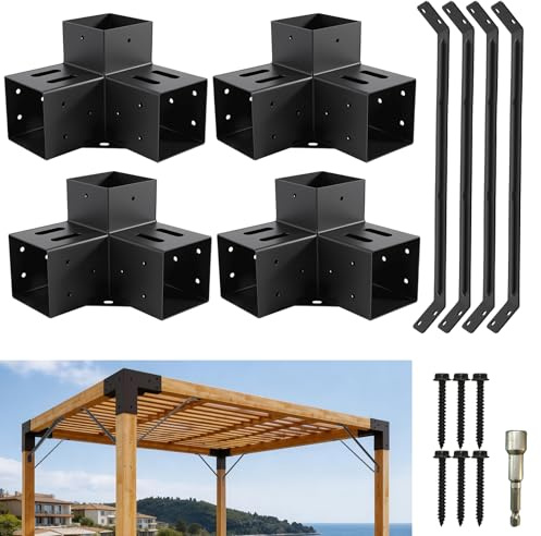 Supports de pergola 4 x 4 (réels : 9,1 x 9,1 cm), support d'angle à angle droit à 3 voies, kit de pergola à monter soi-même avec support à angle de 45 ° pour tonnelles, pergolas de patio, cabane en