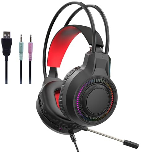 Xuancai Casques de jeu à LED dynamiques haute fidélité avec réduction du bruit, micro en cuir protéiné, suspension ergonomique pour ordinateur, amplificateurs de basses fermés, casque RVB
