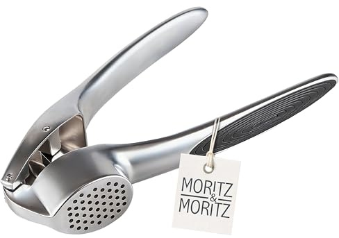 Moritz & Moritz vitlökspress metall – manuell vitlökspress av förkromad zinklegering – vitlökspress med fin presssil – kökshjälp för vitlök, ingefära och små grönsaksbitar