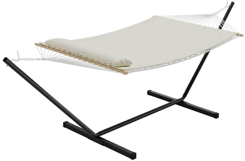 Aptliton Double Hammock with Stand 475 lbs Capacity Quilted Hammock | 2 Person Cotton Rope Hammock with Pad & Hardwood Spreader Bars, Easy Assembly for Garden, Patio, Camping – Beige