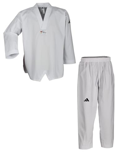 adidas Taekwondoanzug Champ II | Dobok mit neuem WT Logo | für Kinder und Erwachsene | Leicht und atmungsaktiv | für Training und Wettkampf | Anzug Weiß, Revers Weiß, Größe 180