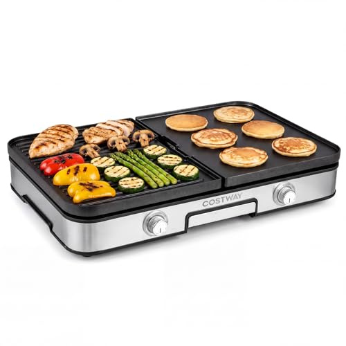 COSTWAY Plancha Cocina 3 en 1, Temperatura Ajustable Independiente