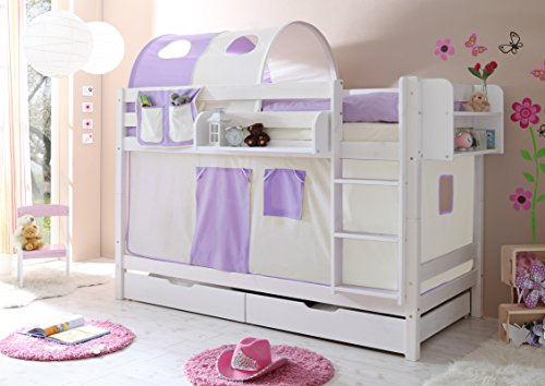 TiCAA Etagenbett, Kinderbett Stockbett für Kinder mit Treppe & Vorhangstoff Zwei Liegeflächen aus Kiefer Massivholz weiß Bettgestell 90 x 200