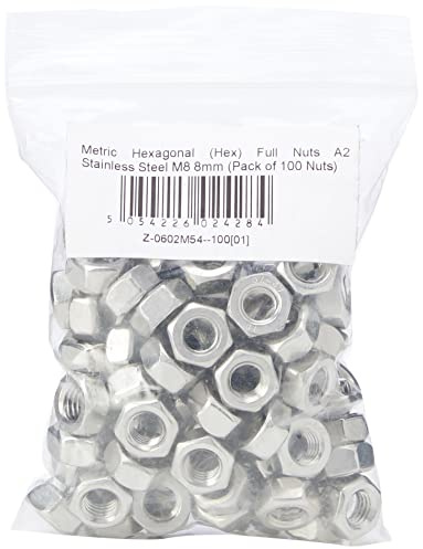 AHCMetric Hexagonal (Hex) Full Nuts A2 Stainless Steel M8 8mm (Pack of 100 Nuts)