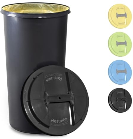KUEFA BSC LA 60L Mülleimer, Müllsackständer, Gelber Sack Ständer, inkl. Klemm-Ring und Laserbeschriftung, stabil, strapazierfähig, geruchsdicht, auslaufsicher (Grau, Restmüll)