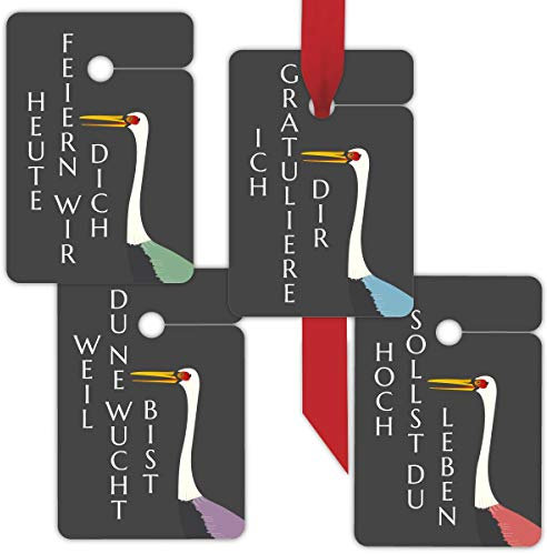 8 edle Glückwunsch Geschenkanhänger farbig, Papier-Anhänger Hängeetiketten Hangtag-Set mit Kranichen mit Sprüchen zum Geburtstag • zum Verzieren von Geschenken Geschenkverpackung