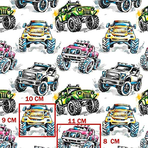 100 % bomull, bomullstyg, barntyg, metervara, hantverk, sömnad, tyg, djurmotiv, 100 x 160 cm, 1 meter (monstertruck)