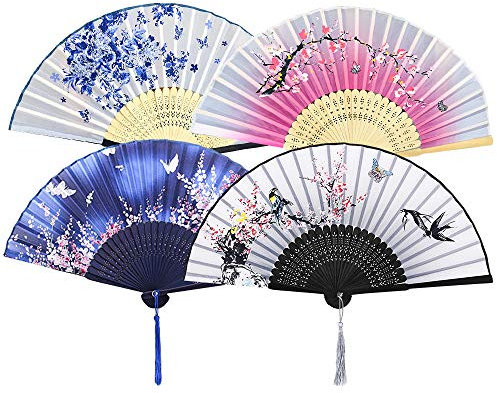 NETUME 4 Pieces Hand Folding Fans for Women, Silk Fabric and Hollow Carved Bamboo Handheld Folding Fan, Chinese Style Hand Fan with Tassels for Gifts and Wall Decoration